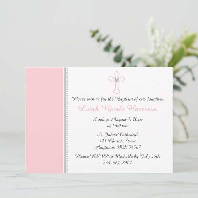 Invitation Croix rose et gris Baby Girl Baptism Christening (Debout devant)