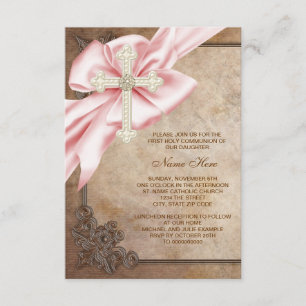 Invitation Croix rose et marron Première communion