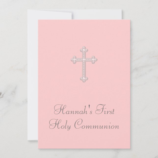 Invitation Croix rose Filles Première communion rose (Devant)