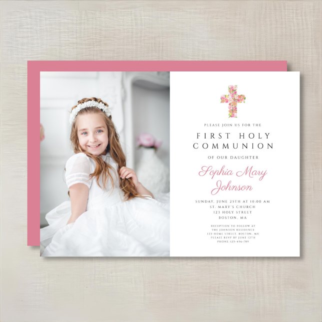 Invitation Croix rose florale fille première communion photo (Pink Floral Cross Girl First Communion Photo Invitation)