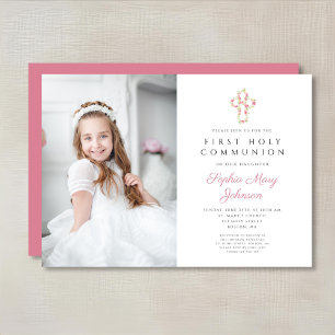 Invitation Croix rose florale fille première communion photo