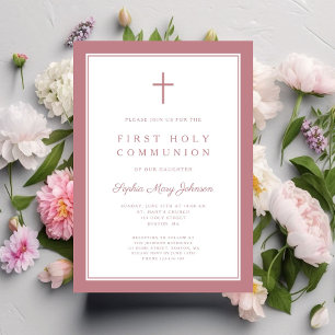 Invitation Croix rose moderne Fille première sainte communion