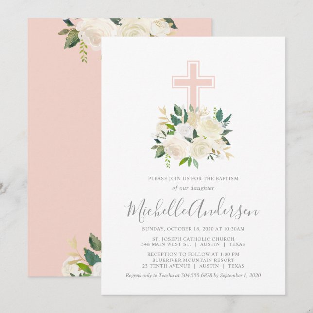 Invitation Croix rose pâle avec fleurs de crème, Baptême de f (Devant / Derrière)