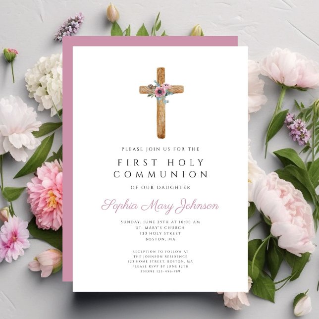 Invitation Croix rose pâle de la première communion (Cute Floral Pink Cross First Communion Invitation)