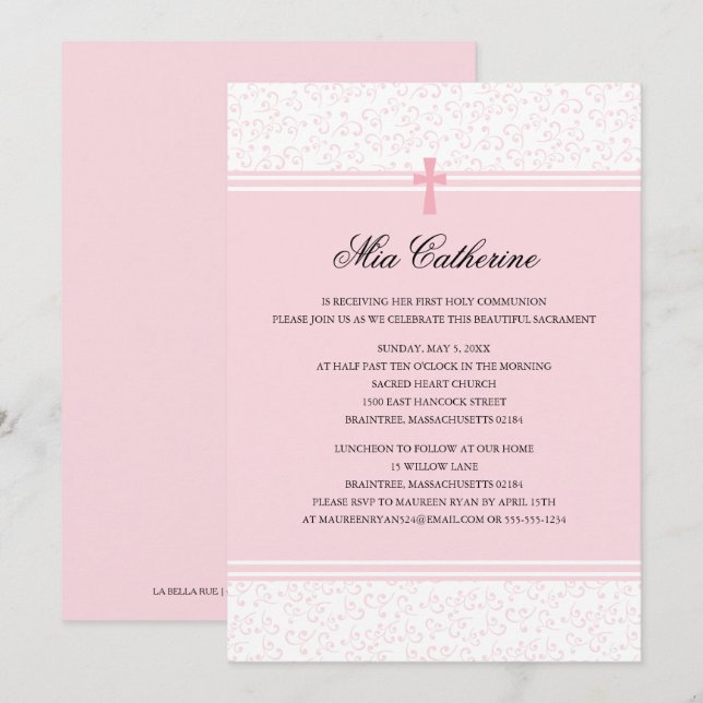 Invitation Croix rose pâle Première communion sainte Invitati (Devant / Derrière)