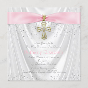 Invitation Croix Rose Première Communion Satin Blanc Pailleté