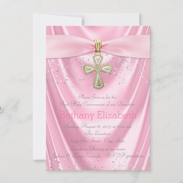 Invitation Croix rose Première communion Satin rose (Devant)