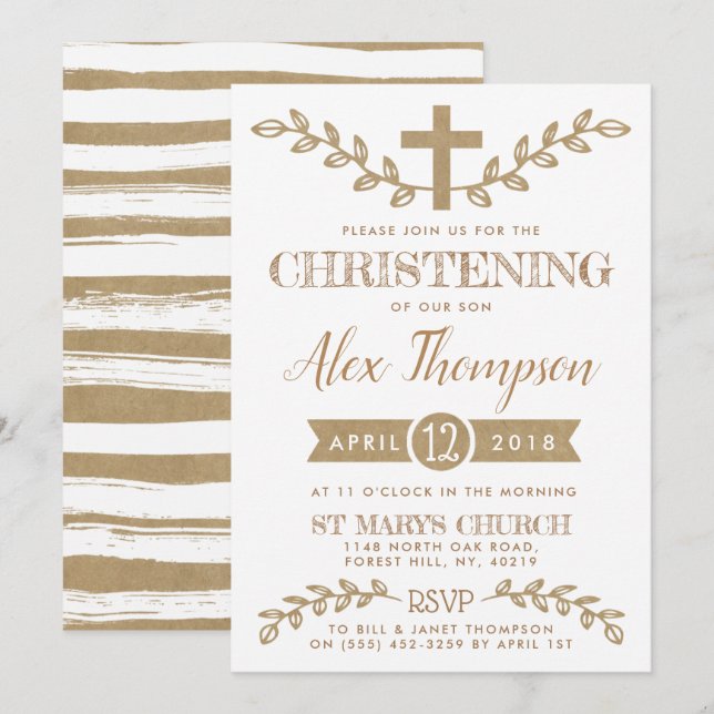 Invitation Croix Rustique Kraft & Foliing Christening (Devant / Derrière)