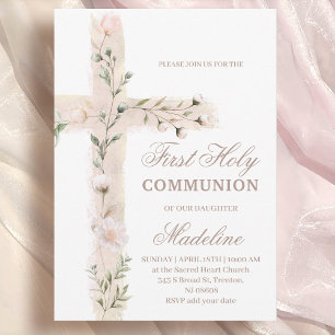 Invitation croix Sainte Première communion florale