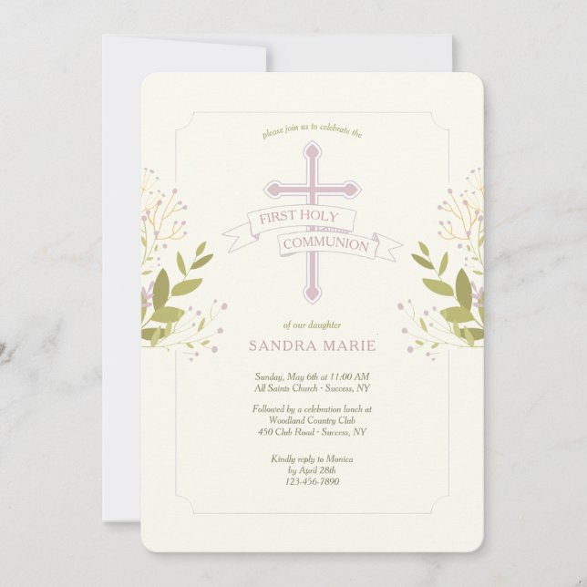 Invitation Croix Sainte Première Communion Rose (Devant)