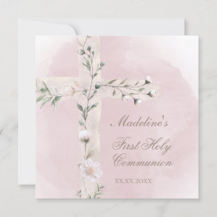 Invitation Croix sainte sur la première communion sainte rose