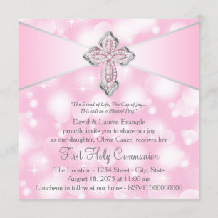 Invitation Croix scintillante rose pour la première communion