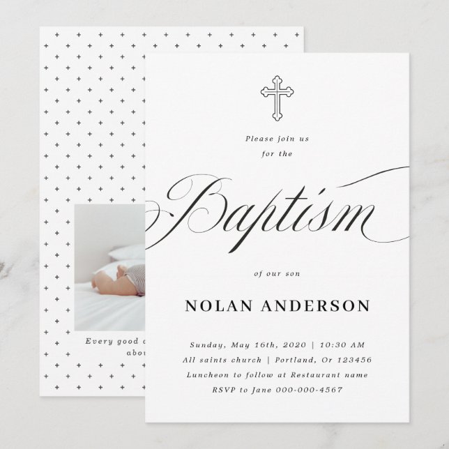 Invitation Croix subtile en lettres Calligraphie Baptême simp (Devant / Derrière)
