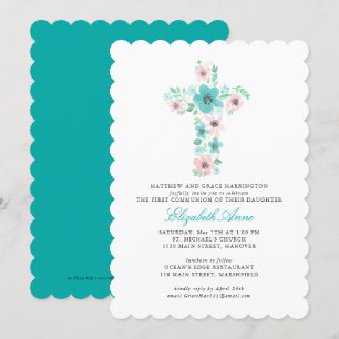 Invitation Croix turquoise de l'aquarelle Fleur première comm