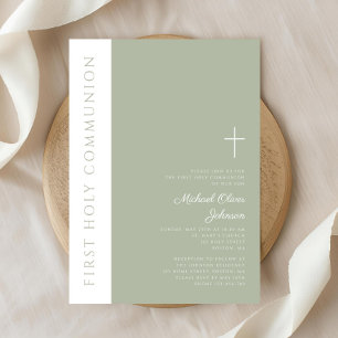 Invitation Croix vert sauge moderne Première Sainte Communion