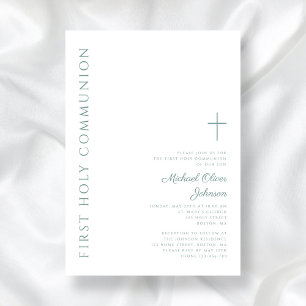 Invitation Croix verte élégante moderne Première communion sa