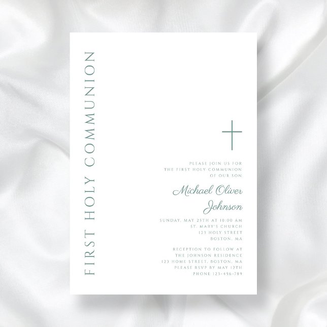 Invitation Croix verte élégante moderne Première communion sa (Modern Elegant Green Cross First Holy Communion Invitation)