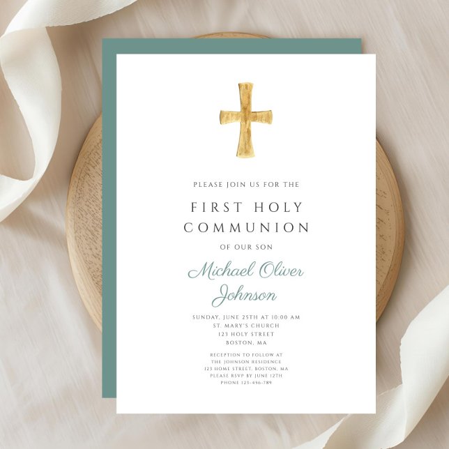 Invitation Croix verte moderne Garçon première communion sain (Modern Green Cross Boy First Holy Communion Invitation )