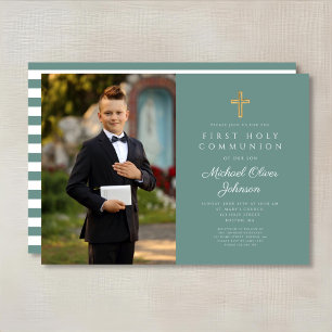 Invitation Croix verte moderne Photo Boy First Communion