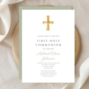 Invitation Croix verte moderne Sage Première communion