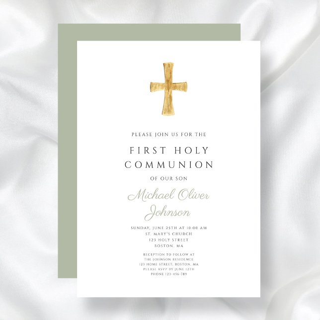 Invitation Croix verte moderne Sage Première communion (Modern Sage Green Cross First Communion Invitation)