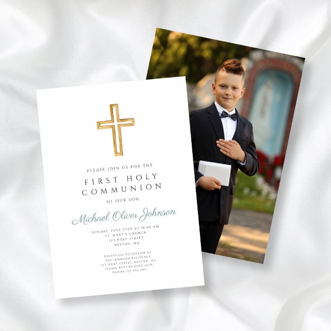 Invitation Croix Verte Photo Boy First Communion (Green Cross Photo Boy First Communion Invitation)