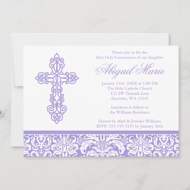 Invitation Croix violette ornée Première communion de la fill (Devant)
