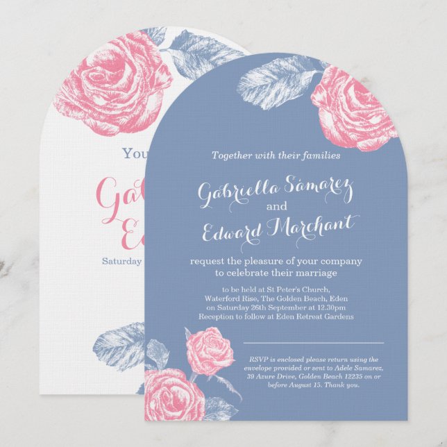 Invitation croquis à encre rose mariage rose bleu (Devant / Derrière)