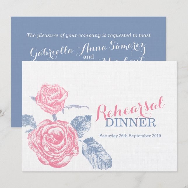 Invitation croquis d'encre rose dîner de répétition rose bleu (Devant / Derrière)