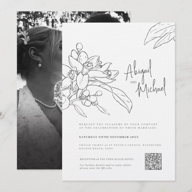 Invitation Croquis en fleurs orange mariage photo mono (Devant / Derrière)