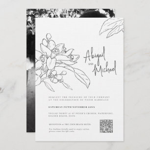 Invitation Croquis en fleurs orange mariage photo mono