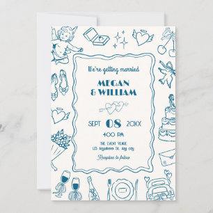 Invitation Croquis en ligne Mariage bleu amusant