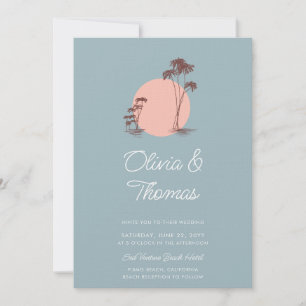 Invitation Croquis moderne Palmiers Dusty Blue Beach Wedding