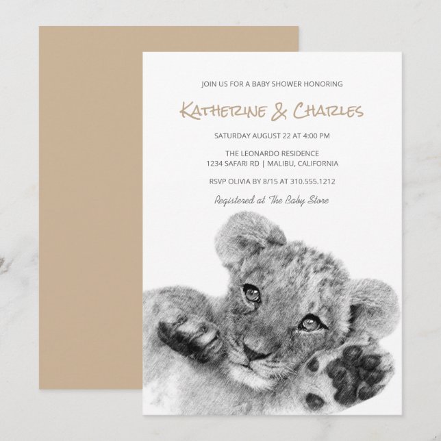 Invitation Croquis Safari | Baby shower Cute Lion Cub (Devant / Derrière)