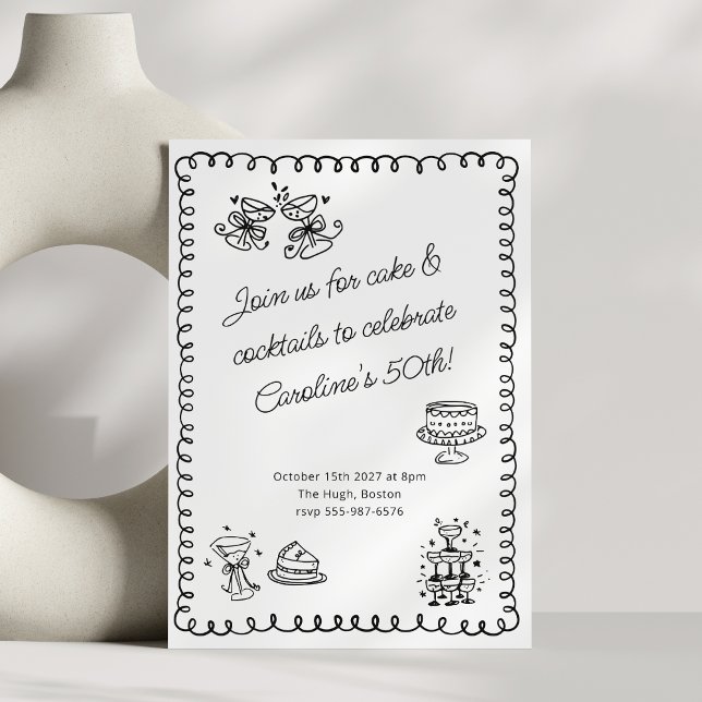 Invitation Croquis Whimsical Doodle Cake Cocktails Anniversai (Créateur téléchargé)