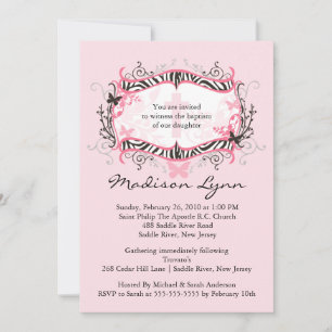 Invitation Cross Zebra Frame Baby Girl Baptism Inviation