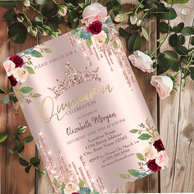 Invitation Crown Drop, Bourgogne Rose Rose Gold Quinceañera (Créateur téléchargé)