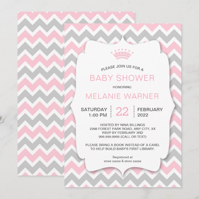 Invitation Crown Girl Apporter un livre Baby showers invitati (Devant / Derrière)