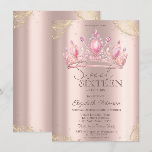 Invitation  Crown Gold Glitter Corners Rose Gold Sweet 16   (Devant / Derrière)