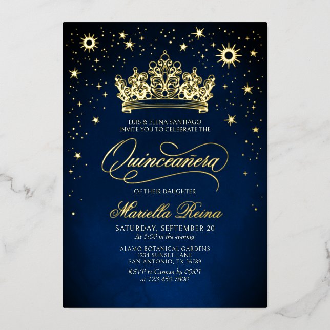 Invitation Crown Tiara Marine Gold Quinceañera (Recto)