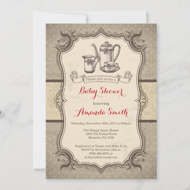 Invitation Cru d'invitation de baby shower de thé rétro (Devant)