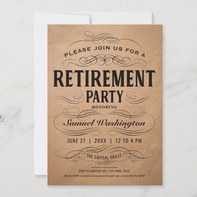 Invitation Cru Scrollwork d'invitations de partie de retraite (Devant)