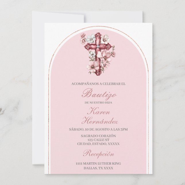 Invitation crucifix rose Baptême espagnol (Devant)