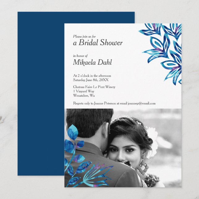Invitation Crystal Blue Floral Photo nuptiale de douche Invit (Devant / Derrière)