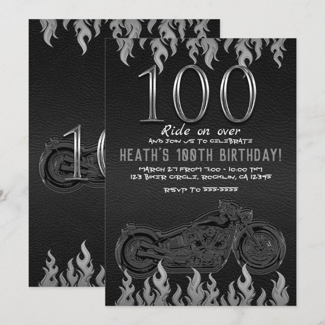 Invitation Cuir noir moto argent 100e 100e anniversaire (Devant / Derrière)