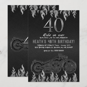 Invitation Cuir noir moto argentée 40e 40 Anniversaire