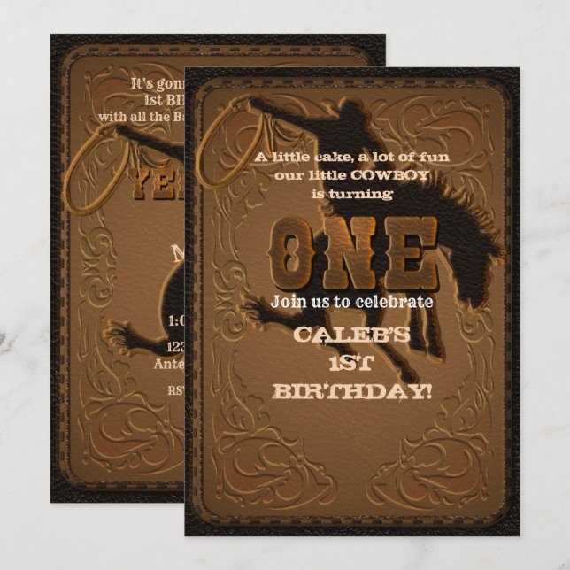 Invitation Cuir Western Wild West Cowboy 1ER 1er Anniversaire (Devant / Derrière)