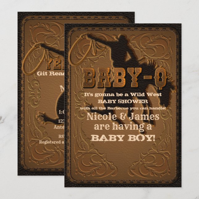 Invitation Cuir Western Wild West Cowboy BABY-Q DOUCHE BBQ (Devant / Derrière)