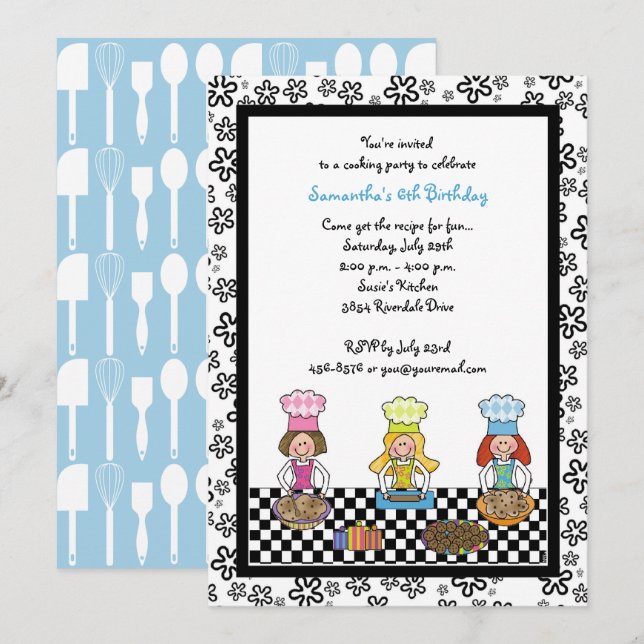 Invitation Cuisine Filles Anniversaire de enfant pâtissier (Devant / Derrière)