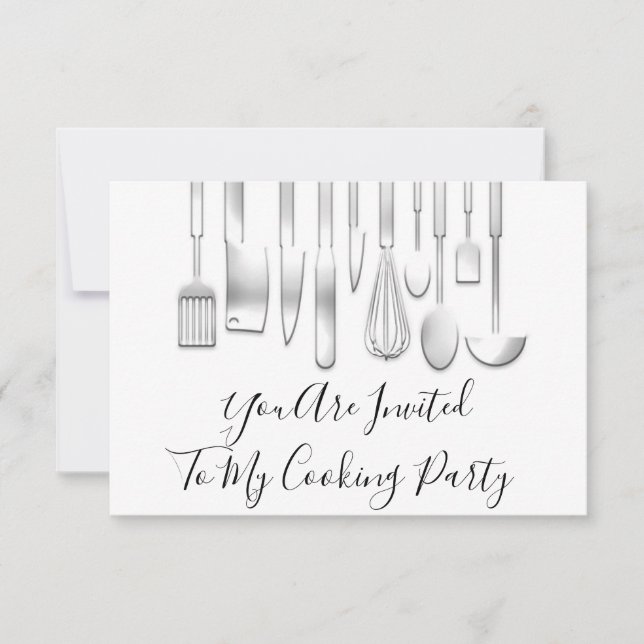 Invitation Cuisine Party Chef Cuisine Restaurant Blanc Gris (Devant)